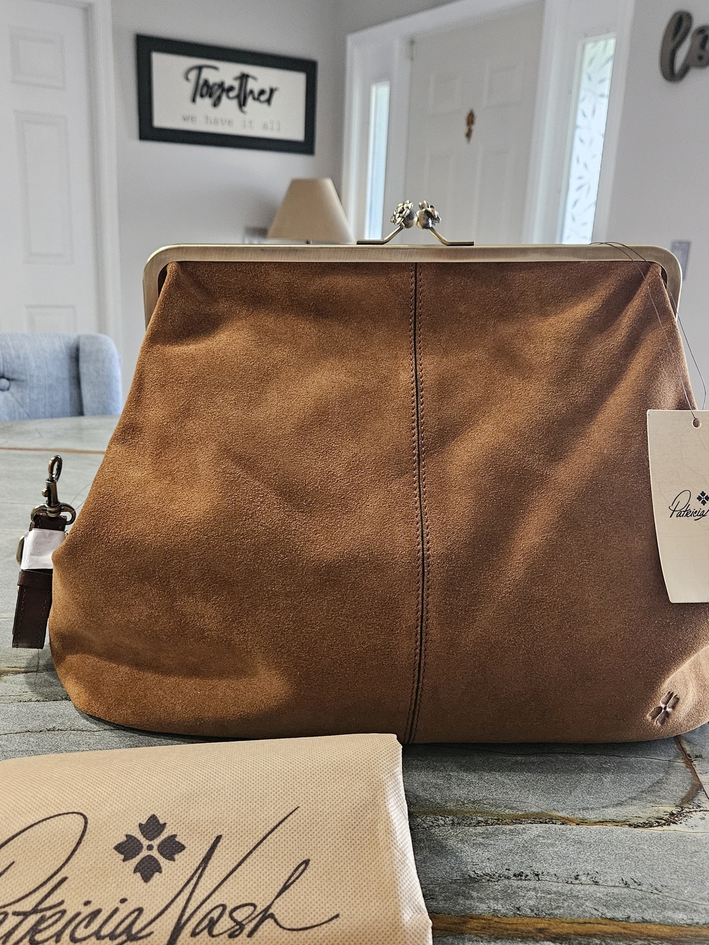 Patricia Nash Serafina Oversized Suede Kisslock Satchel Cognac NWT - Picture 3 of 17